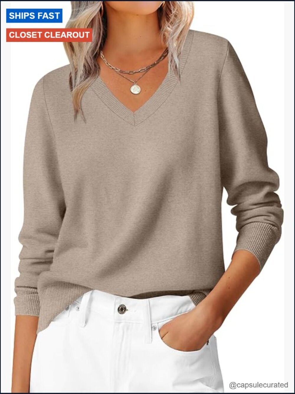 Long Sleeve V Neck Pullover Sweater Soft Loose Casual Work Tops